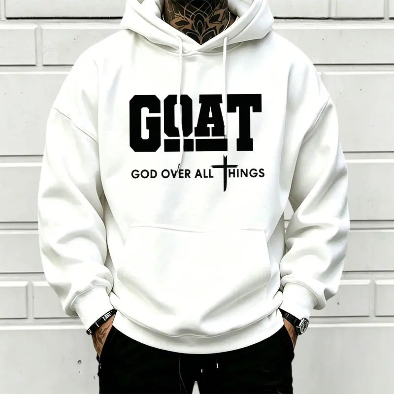 Men’s Stylish Black Hooded Sweatshirt (1 Piece) - Menswear Top, Goat-Inspired Letter Print, Plain Basics, Drop Shoulder Relaxed Fit, Drawstring Hood, Front Kangaroo Pocket, Soft Fabric, American Trend Long-Sleeve Pullover, Joggers Compatible - View 2