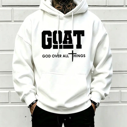 Men’s Stylish Black Hooded Sweatshirt (1 Piece) - Menswear Top, Goat-Inspired Letter Print, Plain Basics, Drop Shoulder Relaxed Fit, Drawstring Hood, Front Kangaroo Pocket, Soft Fabric, American Trend Long-Sleeve Pullover, Joggers Compatible - View 2