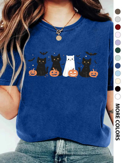 Women's Halloween Themed Cartoon Cat, Bat & Pumpkin Print Round Neck Tee, Cute Casual Fashion Fitted Drop Shoulder Short Sleeve T-shirt for Daily Wear, Ladies Clothes for All Seasons - View 18