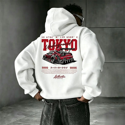Tokyo Underground Racing Print HoodedSweatshirt, American Street Racing Graphic, LoosePullover Hoodie for Men & Women, Retro Casual Top - View 1