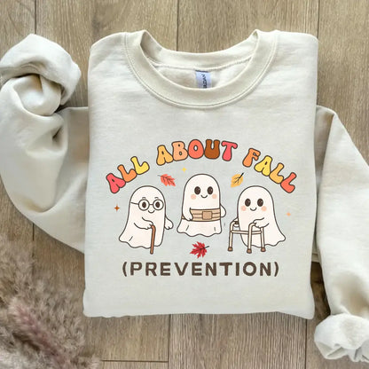 All About Fall Prevention Ghost Sweatshirt or T-Shirt, Cute Halloween Nursing Sweater, Funny Ghost Fall Safety Shirt, Autumn Occupational Therapy Gift - View 6