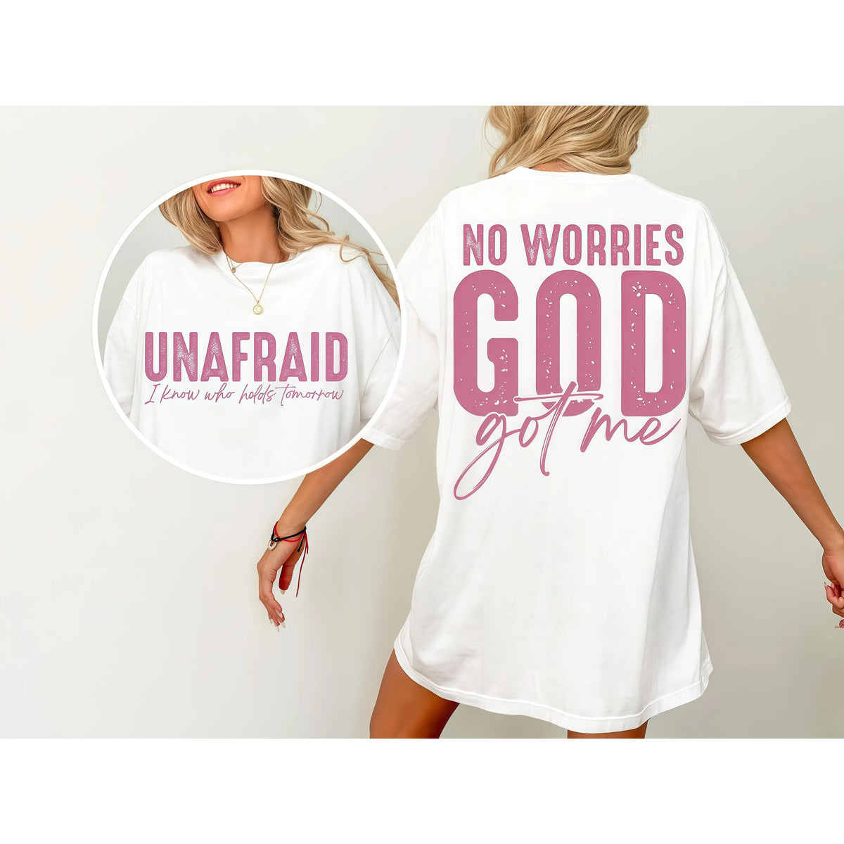 Uplifting and Spiritual Tee: "Unafraid" and "No Worries" Statements for a Confident Faith - filled Look Clothes Cotton - View 1