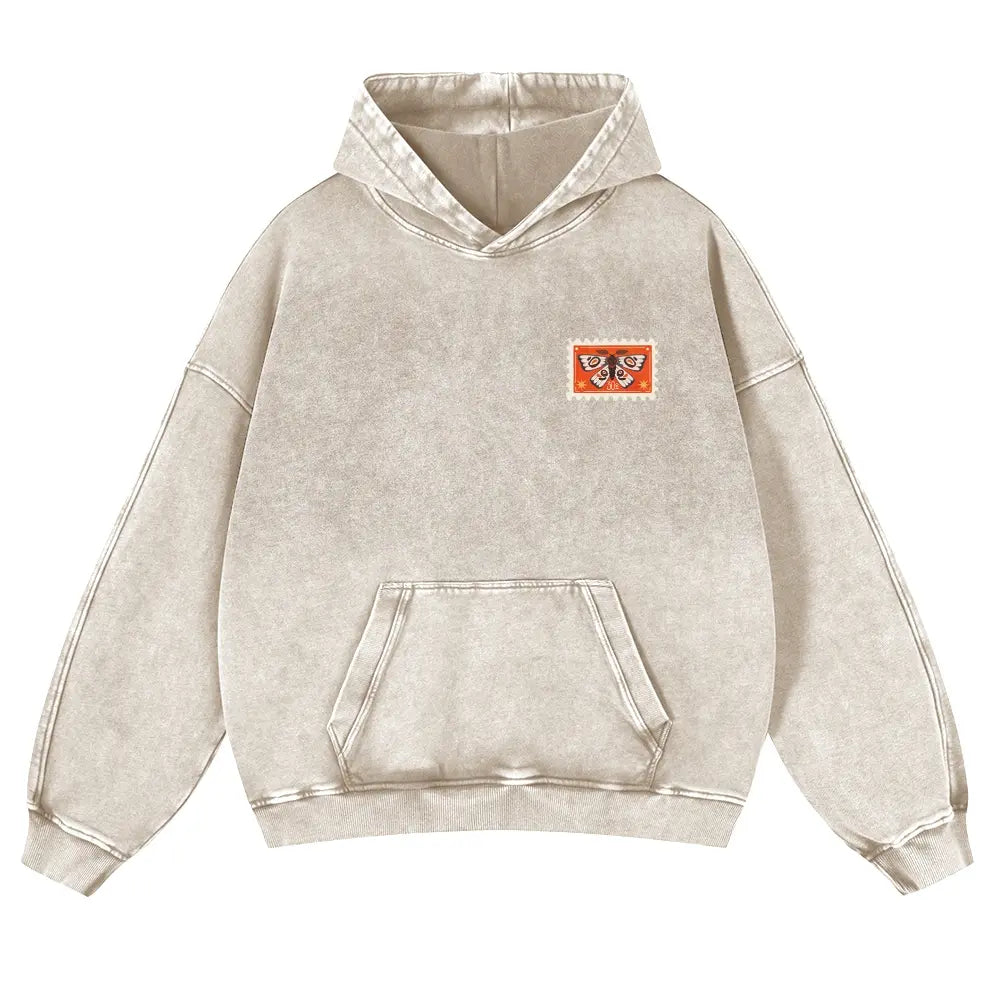 Unisex 380g Washed Brown Vintage Insect Stamp Print Cotton Pullover Hoodie - Soft, Oversize, Casual Longsleeves Tops, Vintage Clothing, 3XL Menswear Autumn Apparel, Cold Wash Compatible - View 12
