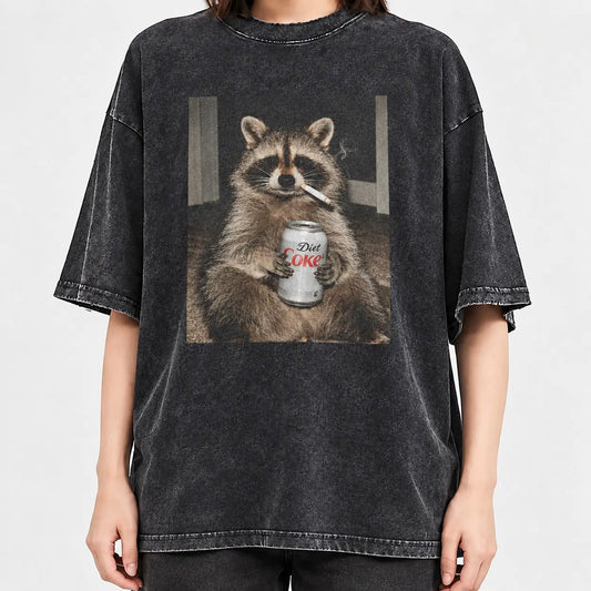Three Raccoons Diet Coke Smoking Comfort Colors T-Shirt with a funny Gen Z dank meme vibe, trendy cotton streetwear top and playful graphic gift for men and women alike. Classic Menswear - View 1