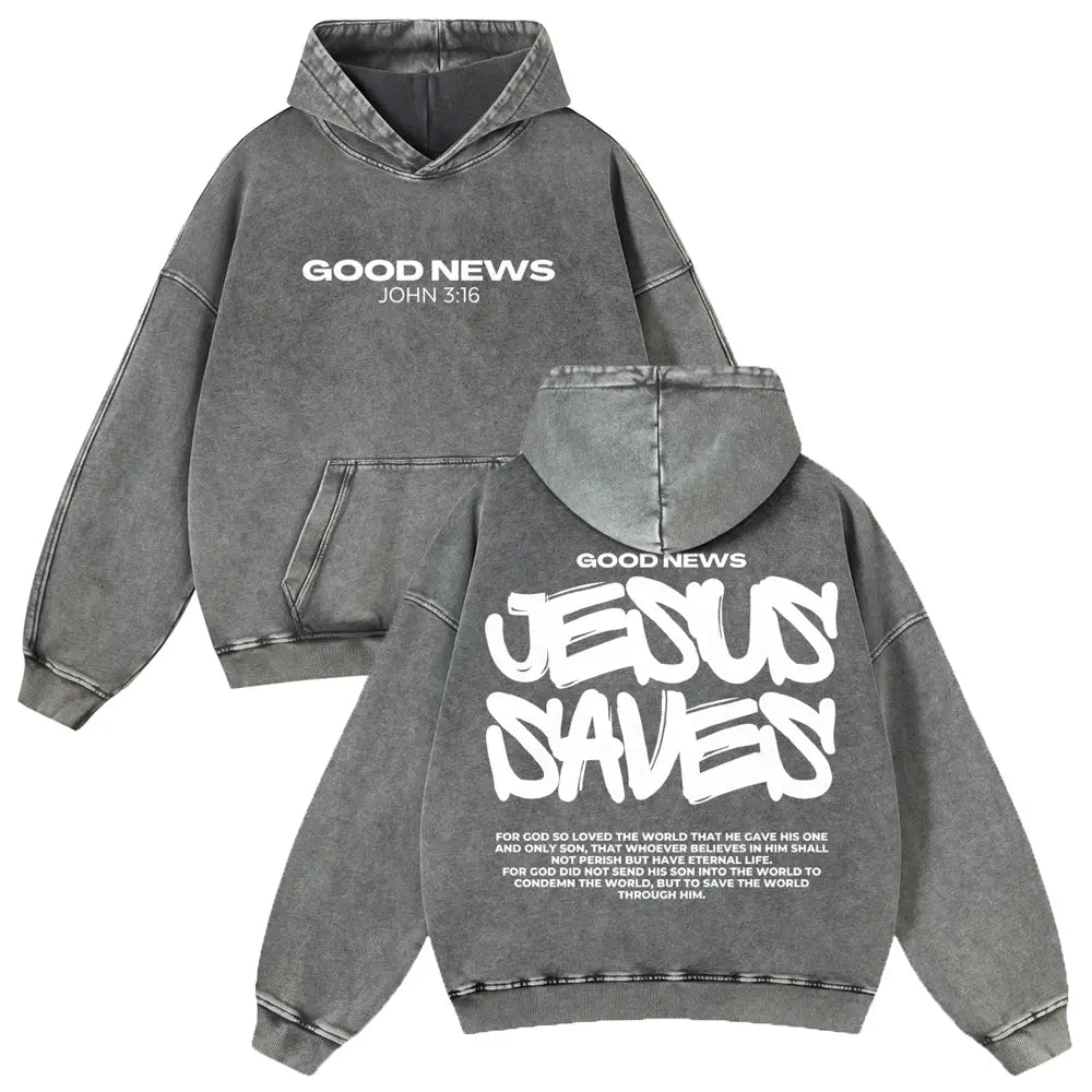 Men's Jesus Saves Graphic Hoodie, 380g Thick Cotton Casual Long Sleeve, Vintage Washed Fit Sweatshirt - View 1