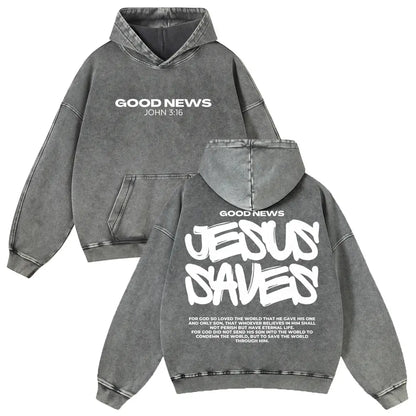 Men's Jesus Saves Graphic Hoodie, 380g Thick Cotton Casual Long Sleeve, Vintage Washed Fit Sweatshirt - View 1