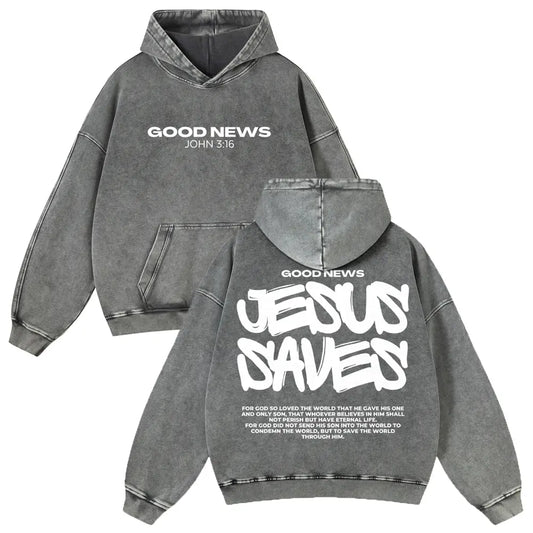 Men's Jesus Saves Graphic Hoodie, 380g Thick Cotton Casual Long Sleeve, Vintage Washed Fit Sweatshirt - View 1