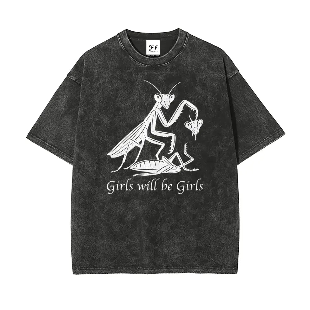 Mens Oversized Casual Graphic Tee - Unisex Vintage Washed 100% Soft Cotton Baggy Loose Top, Round Neck, Short Sleeve, "Girls Will Be Girls" Print, Mensfashion Retro Streetwear T-Shirt - View 5