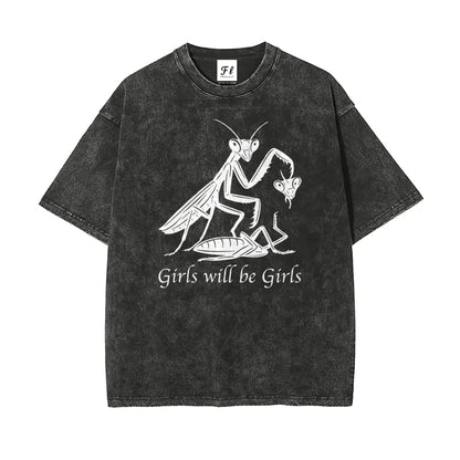 Mens Oversized Casual Graphic Tee - Unisex Vintage Washed 100% Soft Cotton Baggy Loose Top, Round Neck, Short Sleeve, "Girls Will Be Girls" Print, Mensfashion Retro Streetwear T-Shirt - View 5