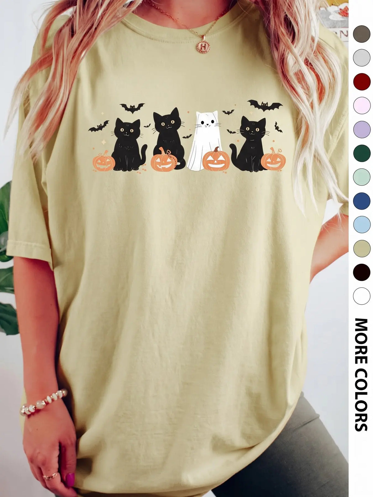 Women's Halloween Themed Cartoon Cat, Bat & Pumpkin Print Round Neck Tee, Cute Casual Fashion Fitted Drop Shoulder Short Sleeve T-shirt for Daily Wear, Ladies Clothes for All Seasons - View 3