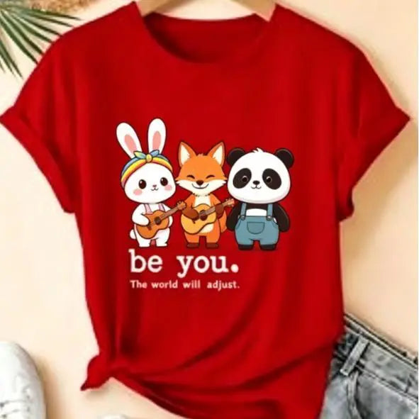 Lady's Unisex Everyday Shortleeve T-Shirt - Cartoon Giraffe with Exaggerated Pink Frame Glasses Print, Crew Neck, Versatile Vintage Fabric Top for Commute, Vacation (Spring/Summer/Fall) #SummerVibes Womenswear, Shortsleeve - View 9