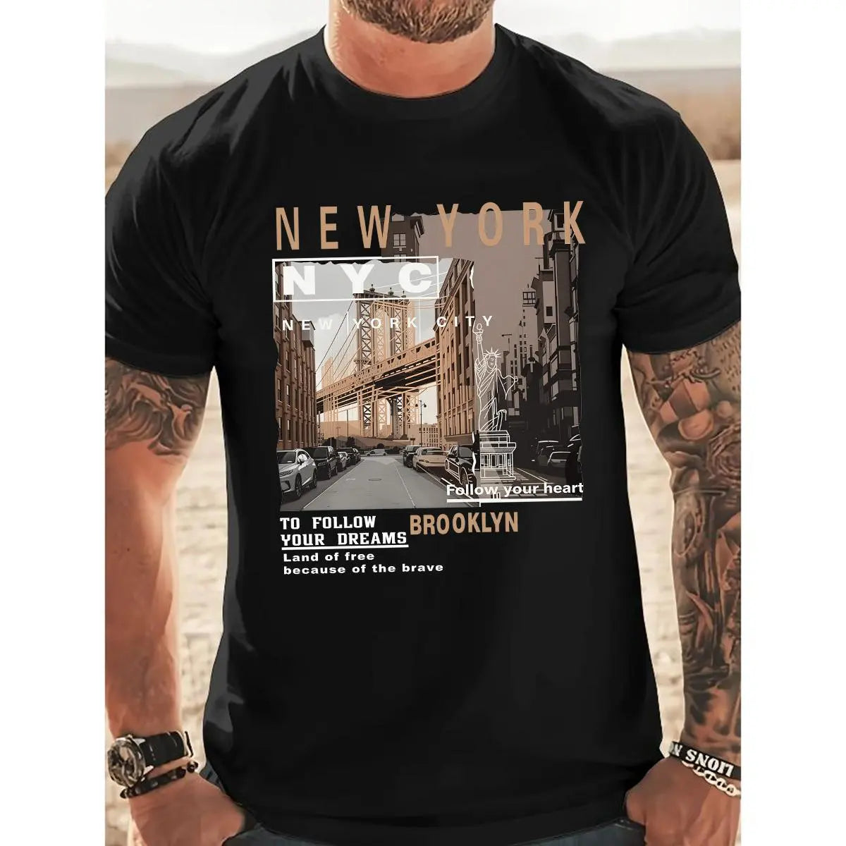 Men's Retro Brooklyn Cotton Graphic Tee - Casual Streetwear Crewneck Short-Sleeve Top, Regular Fit, Urban Daily Wear, All Season, Juneteenth Vintage Print, Ideal for Summer Outfits, Menswear Veterans Day Apparel - View 8