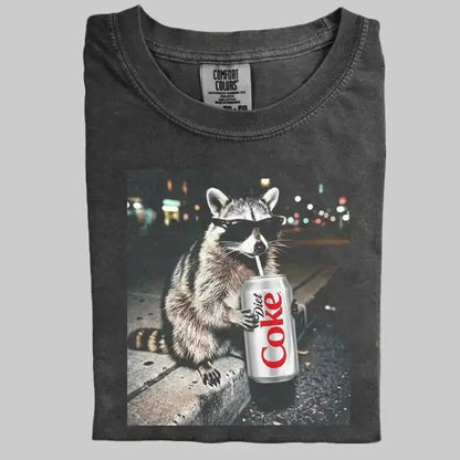 Three Raccoons Diet Coke Comfort Colors T-Shirt with a funny Gen Z dank meme vibe, trendy cotton streetwear top and playful graphic gift for men and women alike. - View 1