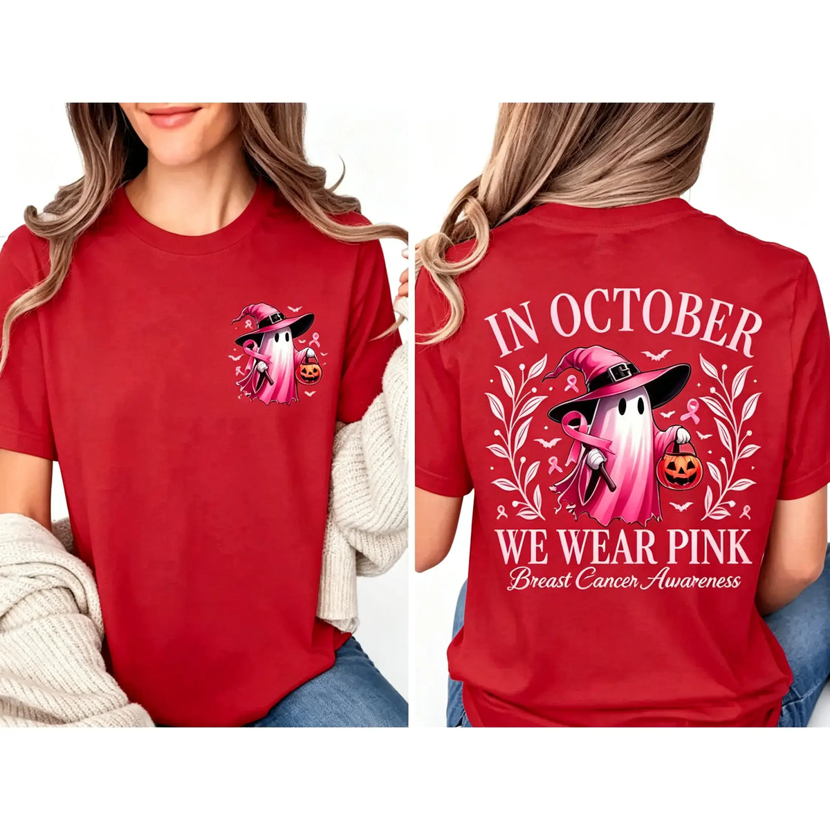In October We Wear Pink Ghost Shirt, Halloween in October We Wear Pink, Breast Cancer Awareness Shirt, Pink Ribbon Shirt, Wear Pink Pumpkin PGS0018 - View 12