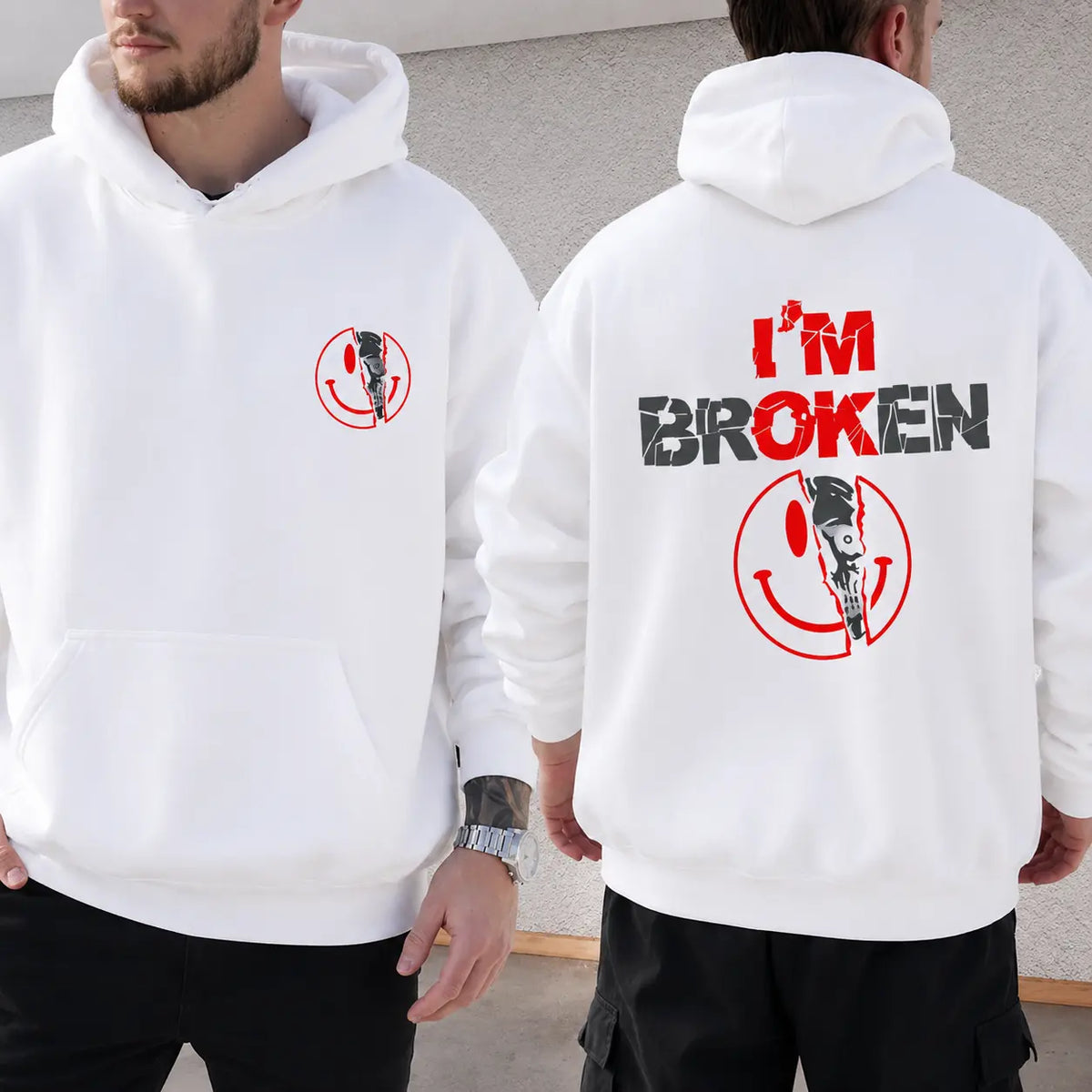 Unisex Cotton Graphic Round Neck Sweatshirt - 2-Sided 'I'm Broken' Smile Face Digital Print, Loose-Fitting T-Shirt, Long Sleeve Sporty Chic Garment, Customized All-Season Casual Streetwear, Machine Washable - View 15