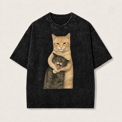 Men's 230g Soft Quilted Vintage Brand T-Shirt - Washable Cat Quarrel Moment Print, Summer Tops, Layer-Friendly, Cargo-Inspired Vibe, Shade-Ready, Holiday & Father's Day Gift - View 1