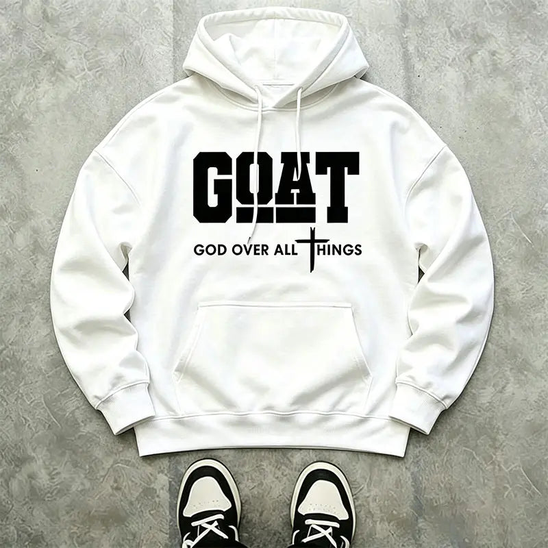 Men’s Stylish Black Hooded Sweatshirt (1 Piece) - Menswear Top, Goat-Inspired Letter Print, Plain Basics, Drop Shoulder Relaxed Fit, Drawstring Hood, Front Kangaroo Pocket, Soft Fabric, American Trend Long-Sleeve Pullover, Joggers Compatible - View 4