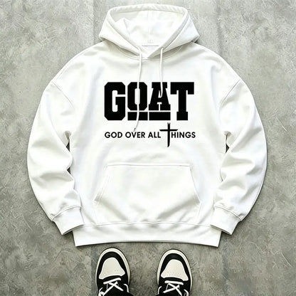 Men’s Stylish Black Hooded Sweatshirt (1 Piece) - Menswear Top, Goat-Inspired Letter Print, Plain Basics, Drop Shoulder Relaxed Fit, Drawstring Hood, Front Kangaroo Pocket, Soft Fabric, American Trend Long-Sleeve Pullover, Joggers Compatible - View 4