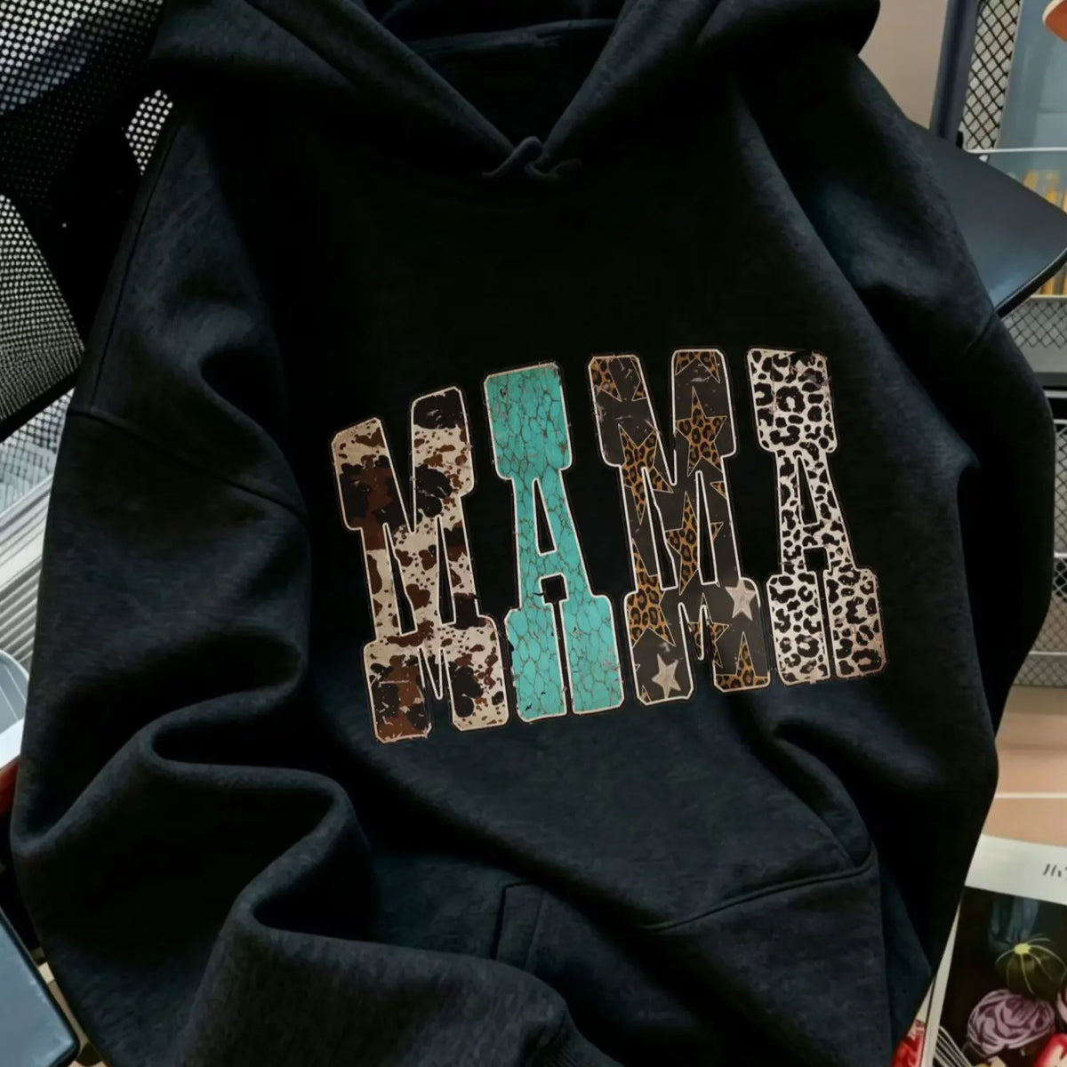 Women's Western Mama Graphic Pullover Hoodie - Cotton Blend, All-Seasons, Casual Vintage, Medium Cut, Country Leopard/Cow Print, Turquoise Letter, Pocketed, Cozy Loose Tops, Winter Outfits, Mother's Day Gift, Women's Clothing, Leopard Stuff - View 10