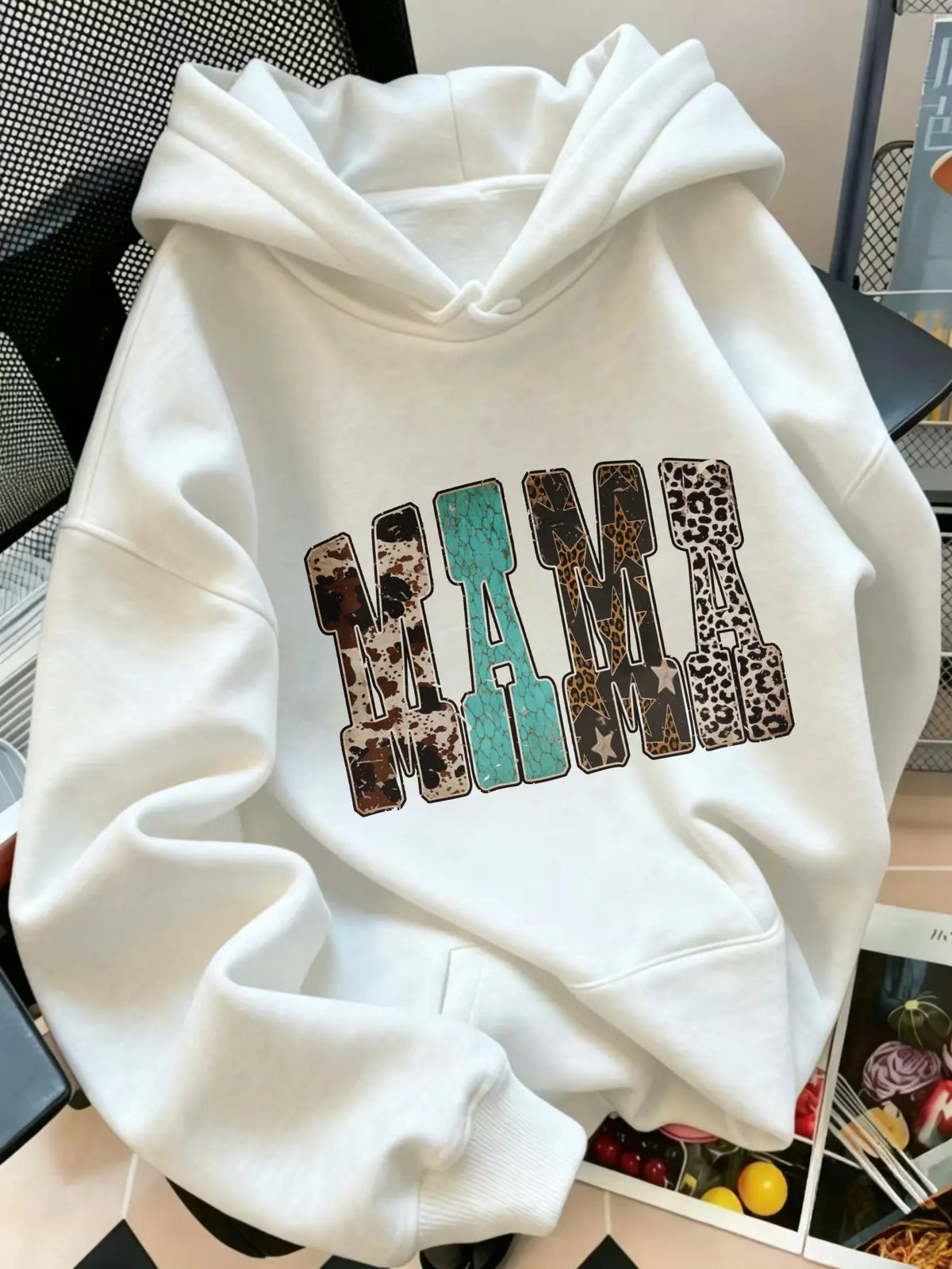 Women's Western Mama Graphic Pullover Hoodie - Cotton Blend, All-Seasons, Casual Vintage, Medium Cut, Country Leopard/Cow Print, Turquoise Letter, Pocketed, Cozy Loose Tops, Winter Outfits, Mother's Day Gift, Women's Clothing, Leopard Stuff - View 7