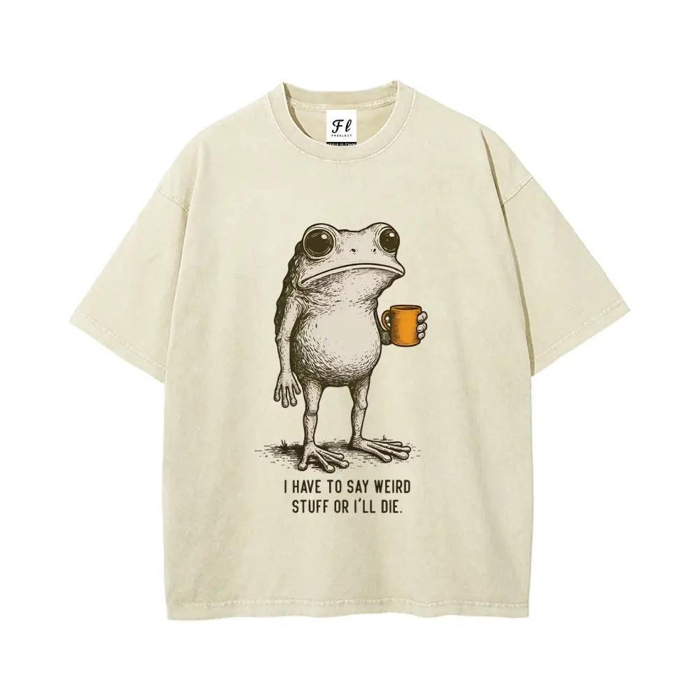 "I HAVE TO SAY WEIRD STUFF "Funny Frog Oversized Vintage Graphic T-Shirt, Retro Streetwear Casual Top in Soft Eco-Friendly Washed Stretch Cotton, Fabric - View 12