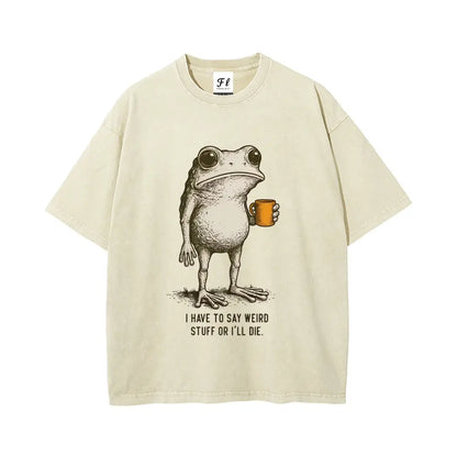 "I HAVE TO SAY WEIRD STUFF "Funny Frog Oversized Vintage Graphic T-Shirt, Retro Streetwear Casual Top in Soft Eco-Friendly Washed Stretch Cotton, Fabric - View 12