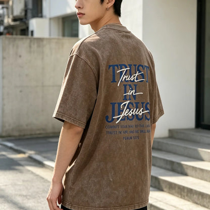 Christian Washed Oversized Tee, "Trust in Jesus" Psalm 37:5 Bible Verse Design, Faith-Based Gift for Men & Women - View 5