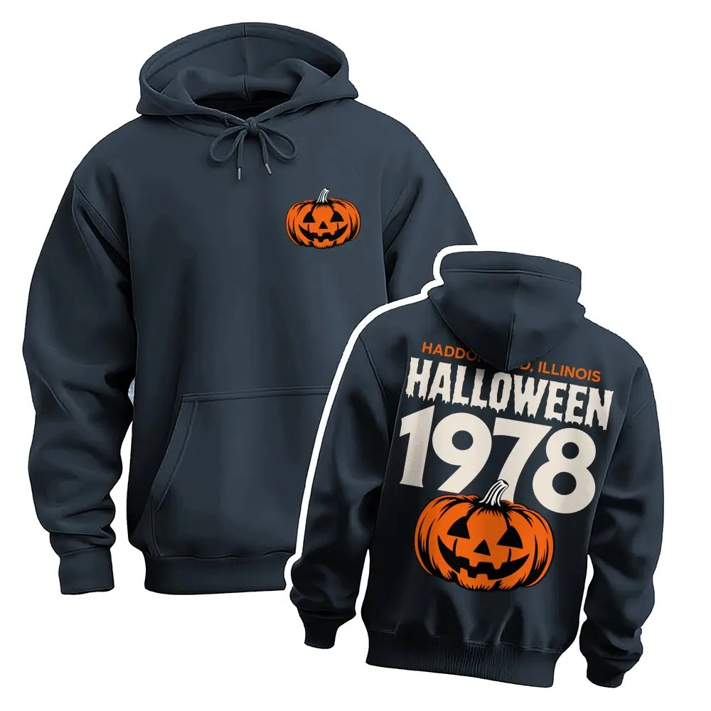 Unisex Vintage Halloween Pumpkin Graphic Hoodie, 1978 Spooky Front and Back Print Pullover Sweatshirt, Casual Oversized Long Sleeve Streetwear Hoodie for Halloween Party, Fall and Daily Wear - View 3