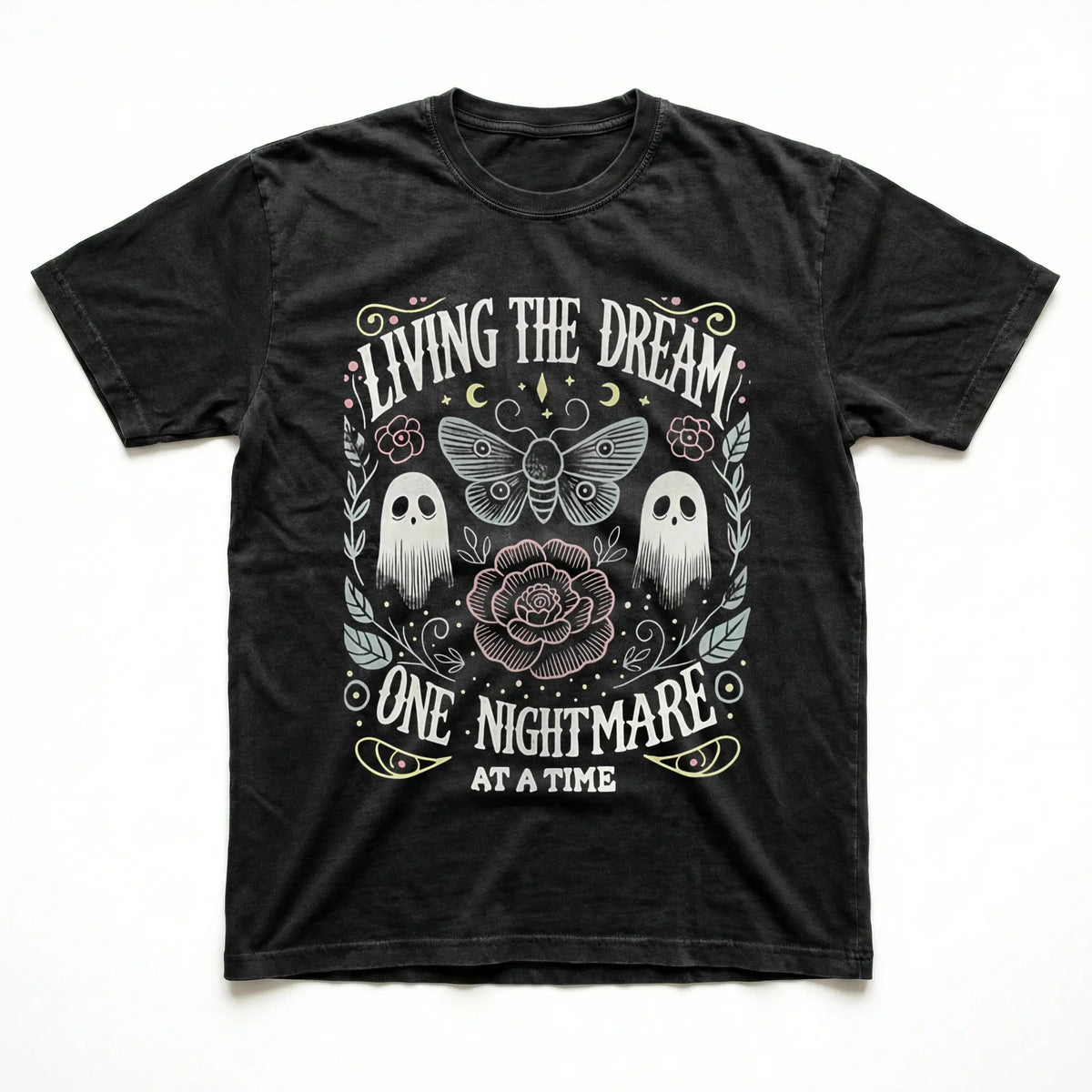 Women's Soft Fabric Vintage-Inspired Streetwear Short-Sleeve T-Shirt - "Living The Dream 1 Nightmare At A Time" Graphic, Loose Casual Chic Everyday Tee, Spring Glow Up, Outdoor Fun, Shortsleeve,summerwins,summeroutfits,vacationoutfits,beachoutfits summerv - View 1
