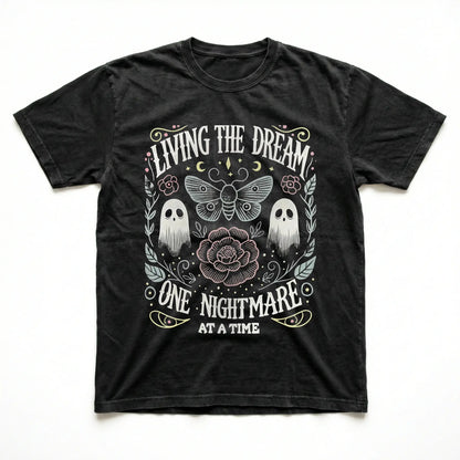 Women's Soft Fabric Vintage-Inspired Streetwear Short-Sleeve T-Shirt - "Living The Dream 1 Nightmare At A Time" Graphic, Loose Casual Chic Everyday Tee, Spring Glow Up, Outdoor Fun, Shortsleeve,summerwins,summeroutfits,vacationoutfits,beachoutfits summerv - View 1
