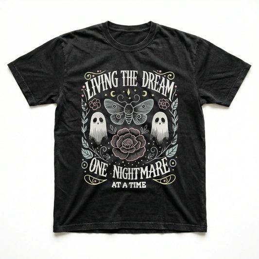 Women's Soft Fabric Vintage-Inspired Streetwear Short-Sleeve T-Shirt - "Living The Dream 1 Nightmare At A Time" Graphic, Loose Casual Chic Everyday Tee, Spring Glow Up, Outdoor Fun, Shortsleeve,summerwins,summeroutfits,vacationoutfits,beachoutfits summerv - View 1