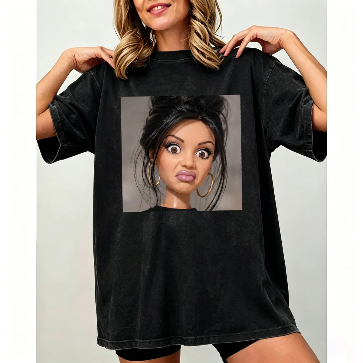 Women's Stank Face Doll Girl Meme Graphic T-Shirt - Unisex Short-Sleeve Round Neck Vintage Baggy Streetwear Top, Funny Meme Apparel for Summer, Shortsleeve - View 3