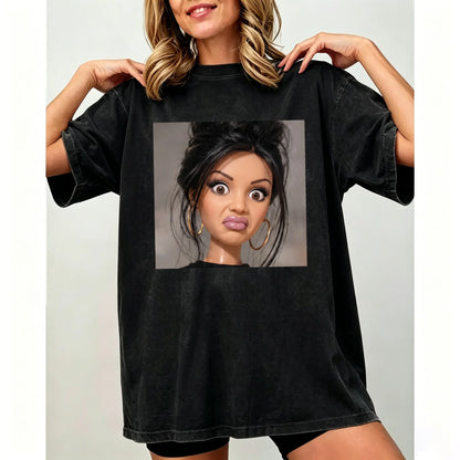Women's Stank Face Doll Girl Meme Graphic T-Shirt - Unisex Short-Sleeve Round Neck Vintage Baggy Streetwear Top, Funny Meme Apparel for Summer, Shortsleeve - View 3