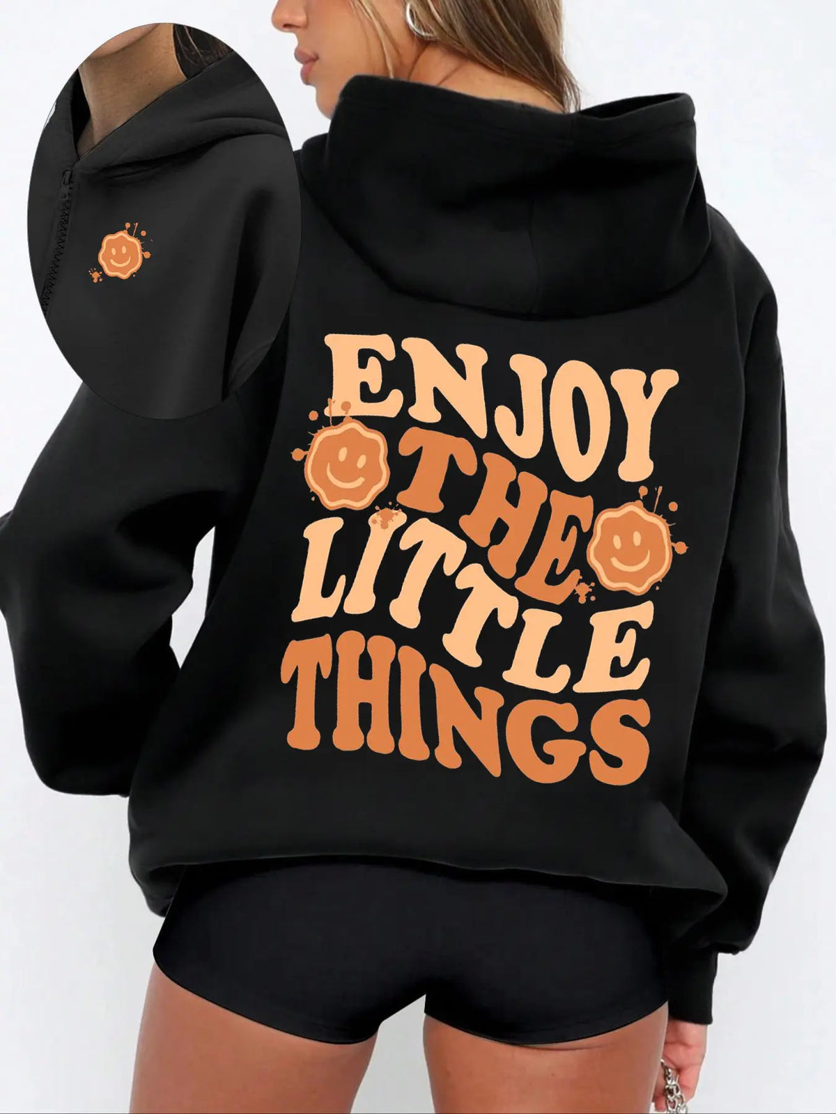 Women's Cartoon Skeleton Hand & Letter Print Drop Shoulder Thermal Lined Fitted Hoodie, Fashion Casual Zipper Hooded Sweatshirt for Daily Holiday Outdoor Wear, Ladies Clothes for Fall & Winter - View 4