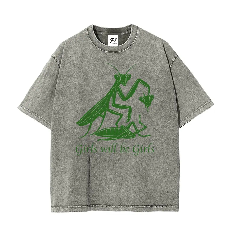 Mens Oversized Casual Graphic Tee - Unisex Vintage Washed 100% Soft Cotton Baggy Loose Top, Round Neck, Short Sleeve, "Girls Will Be Girls" Print, Mensfashion Retro Streetwear T-Shirt - View 7