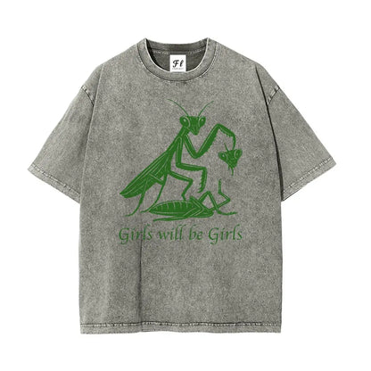 Mens Oversized Casual Graphic Tee - Unisex Vintage Washed 100% Soft Cotton Baggy Loose Top, Round Neck, Short Sleeve, "Girls Will Be Girls" Print, Mensfashion Retro Streetwear T-Shirt - View 7