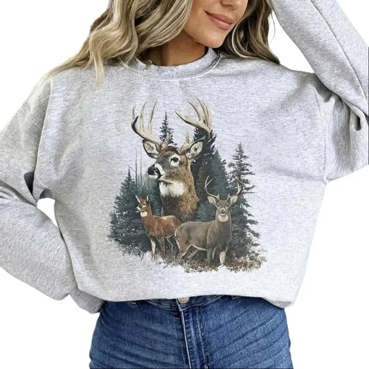 Women's Retro Deer Graphic Crewneck Sweatshirt Pullover Womenswear Unisex Cotton - View 1