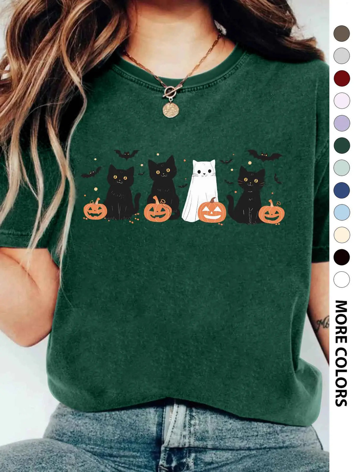 Women's Halloween Themed Cartoon Cat, Bat & Pumpkin Print Round Neck Tee, Cute Casual Fashion Fitted Drop Shoulder Short Sleeve T-shirt for Daily Wear, Ladies Clothes for All Seasons - View 17