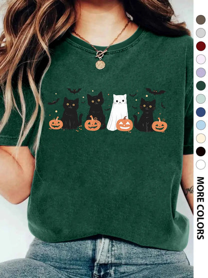 Women's Halloween Themed Cartoon Cat, Bat & Pumpkin Print Round Neck Tee, Cute Casual Fashion Fitted Drop Shoulder Short Sleeve T-shirt for Daily Wear, Ladies Clothes for All Seasons - View 17