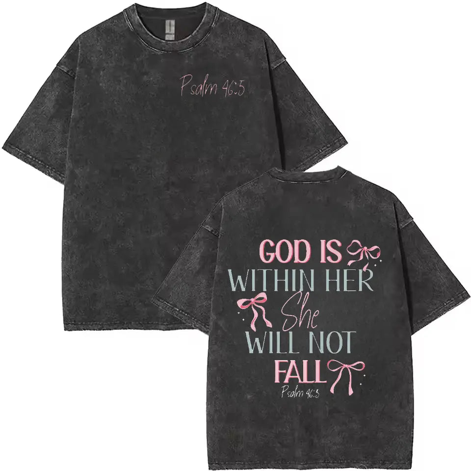 230g Washed Cotton T-Shirt - Dual-Sided Inspirational Design "GOD IS WITHIN HER SHE WILL NOT FALL" & Psalm 46:5, Retro Vintage Loose Fit Unisex Top for Men & Women, Spring Summer Casual Wear Streetwear Tees - View 1