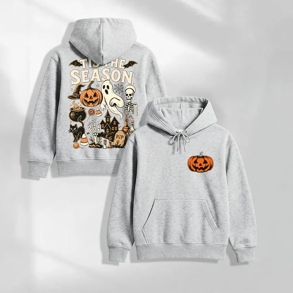 Halloween Spooky Season Graphic Hoodie, Pumpkin Ghost Skeleton Front and Back Print Pullover Sweatshirt, Vintage Horror Long Sleeve Streetwear Hoodie for Halloween Party, Fall and Daily Wear - View 12