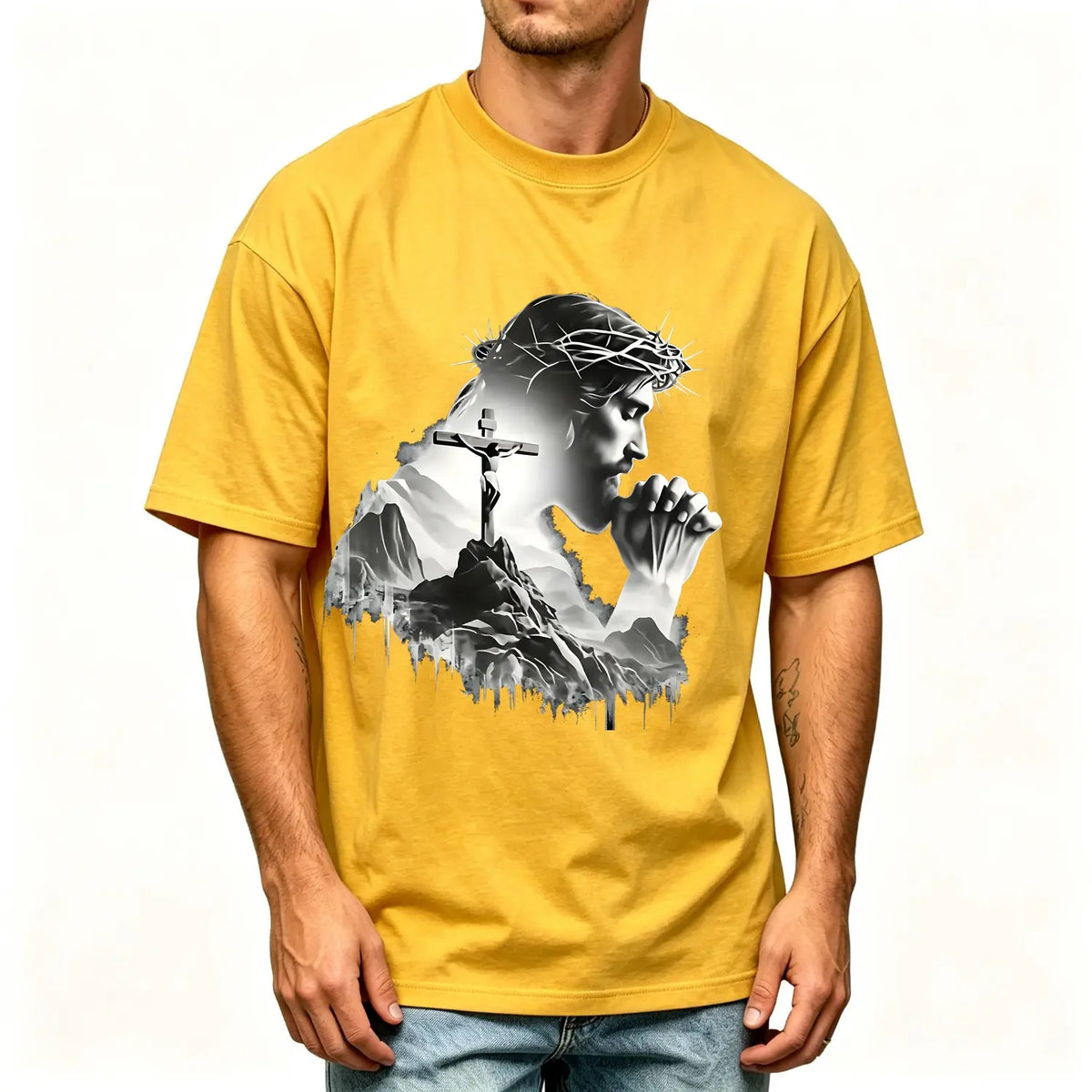 Summer t Shirts Jesus Praying Crown of Thorns Cross Mountain Christian T-Shirt, Faith Based Religious Graphic Tee for Men Women, Vintage Christian Gift, Jesus Lover Shirt, Trendy Christian Apparel - View 5