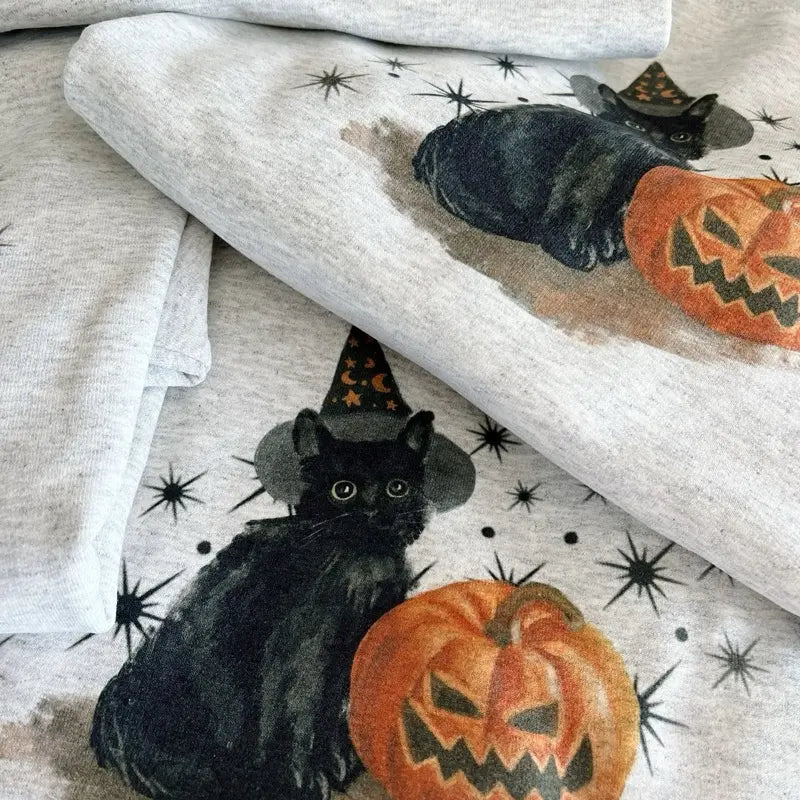 Spooky Cat Crewneck - VINTAGE WASH Halloween Spooky Season Ash Gray Sweatshirt - Black Cat and Pumpkin Crewneck - View 7