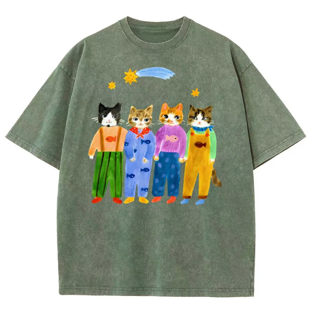 Men's Retro Hand-Painted Funny Cats In Overalls Graphic Vintage 90s Short-Sleeve Round-Neck Unisex Oversized Menswear T-Shirt, Breathable Fabric, Streetwear & Vacation Outfits - View 15