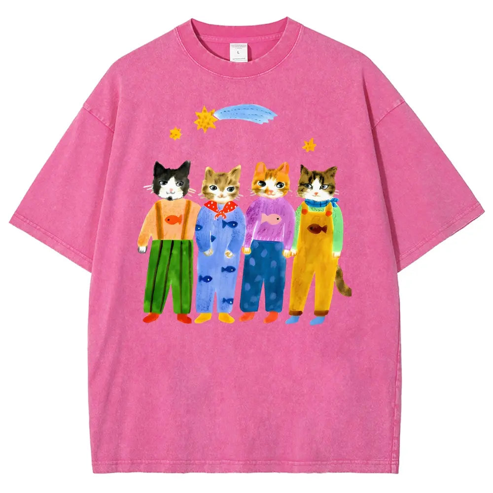 Men's Retro Hand-Painted Funny Cats In Overalls Graphic Vintage 90s Short-Sleeve Round-Neck Unisex Oversized Menswear T-Shirt, Breathable Fabric, Streetwear & Vacation Outfits - View 14