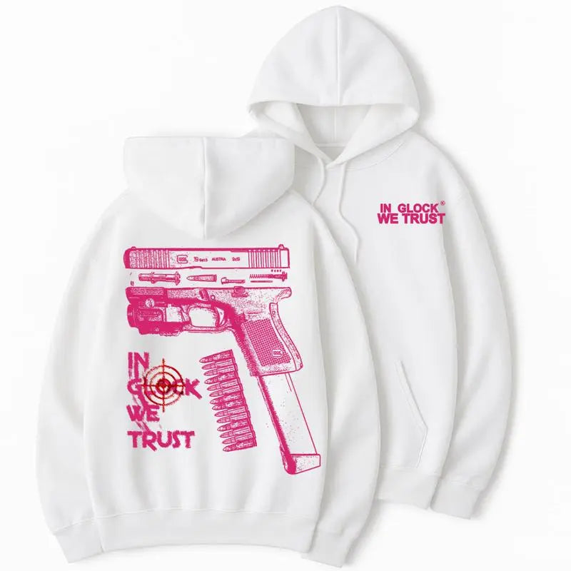 Relaxed Fit Gothic Hoodie with "In Glock We Trust" Witch Graphic, Unisex Fleece Pullover for Couples, Casual Halloween Streetwear, Cotton, M, Party, Tops, Sweatshirts, Menswear, Long Sleeve, New Year, Aesthetics, Thanksgiving - View 4