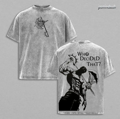 Men's Oversized Round Neck Short-Sleeve T-Shirt - 7 Deadly Sins Escanor Pride Sin "Who Decided That" Retro Graphic, Soft Pre-Washed Heavy Cotton Fabric Unisex Anime Merchandise Streetwear Gift For Fans, Unisex Fit Ease - View 1