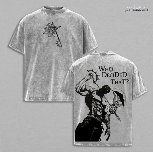 Men's Oversized Round Neck Short-Sleeve T-Shirt - 7 Deadly Sins Escanor Pride Sin "Who Decided That" Retro Graphic, Soft Pre-Washed Heavy Cotton Fabric Unisex Anime Merchandise Streetwear Gift For Fans, Unisex Fit Ease - View 1