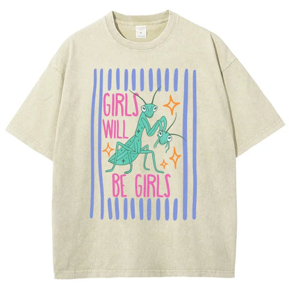 Men's Cotton Casual Unisex Menswear Top - Fitted Round Neck Washed Funny T-Shirt, Girls Will Be Girls Mantis Cartoon Print, Feminist Bug Design, Gift for Insect Lovers - View 1