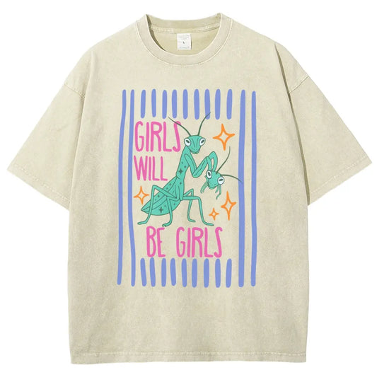 Men's Cotton Casual Unisex Menswear Top - Fitted Round Neck Washed Funny T-Shirt, Girls Will Be Girls Mantis Cartoon Print, Feminist Bug Design, Gift for Insect Lovers - View 1